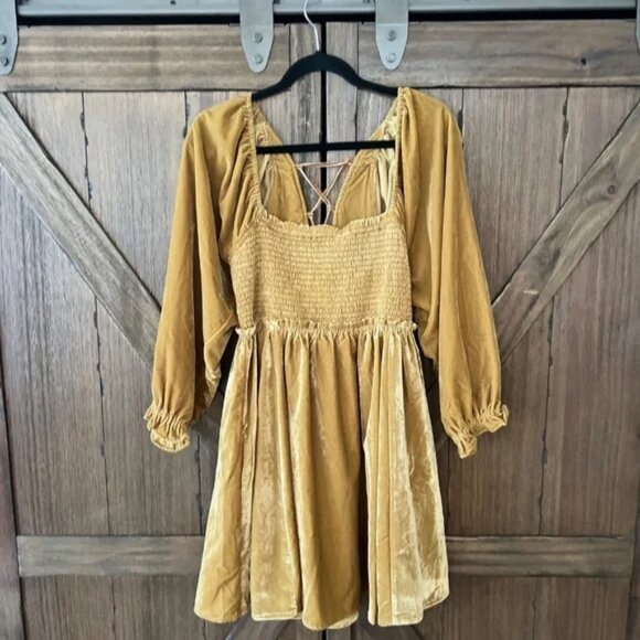 Free People NWOT Daphne Velvet fall Mini Dress in Olive Bitters / Gold Small - Picture 9 of 10